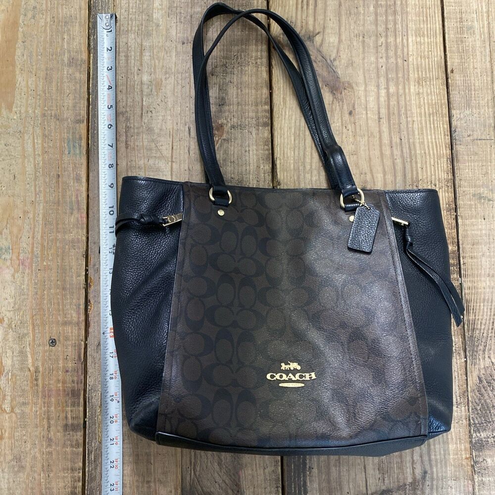 Coach Brown & Black Leather Marlon Signature Tote Shoulder Hobo Bag Purse
